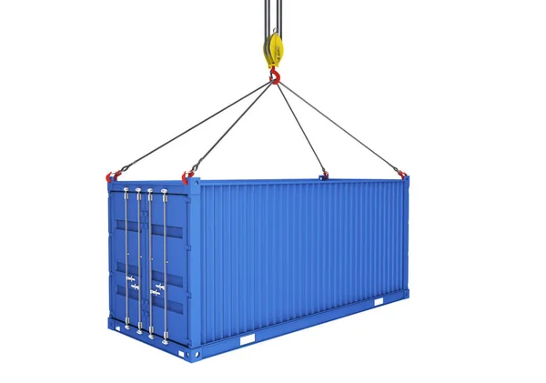 Sea container lifted with crane hooks. 3d rendering Stock Picture