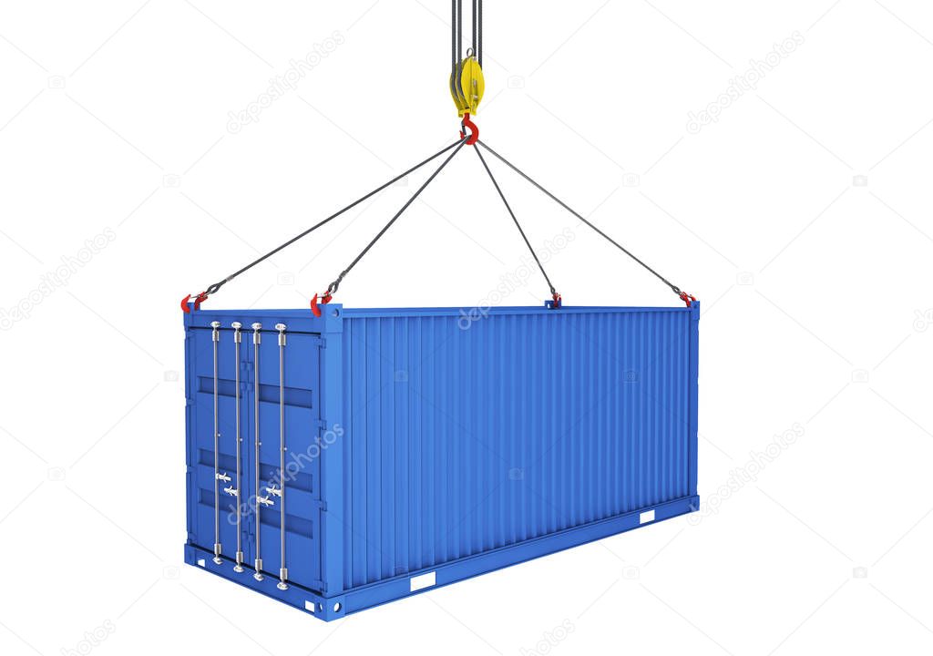 Sea container lifted with crane hooks. 3d rendering