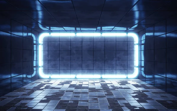 Темная комната с плиткой и неоновыми огнями. 3d-рендеринг Стоковая Картинка