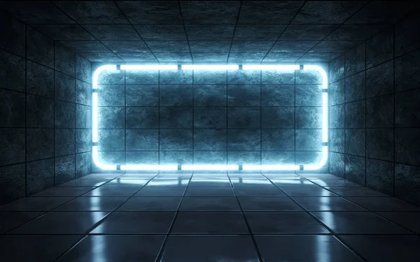 Dark abstract room with tiles and neon lights. 3d rendering Royalty Free Stock Photos