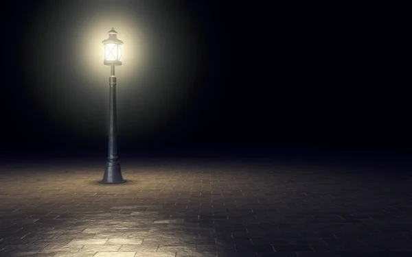 Luz de rua iluminada sobre fundo escuro. Renderização 3d — Fotografia de Stock