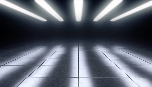 반사 타일 바닥 과 조명 이 있는 어두운 빈 방. 3D 렌데 — 스톡 사진