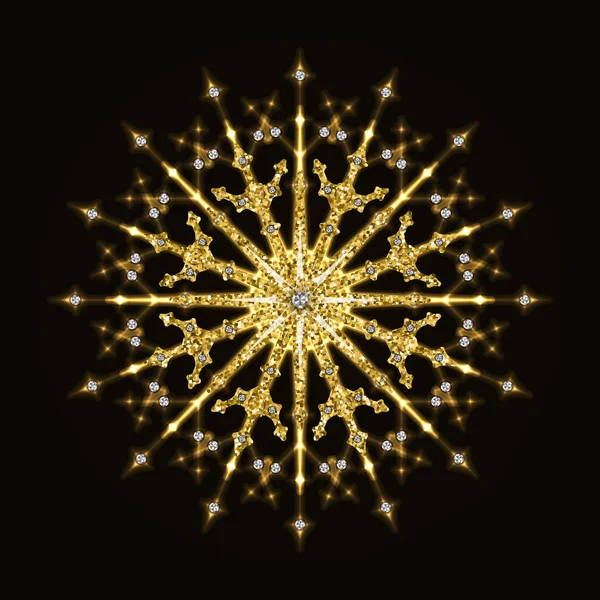 Золотая Сверкающая Снежинка Бриллиантами — стоковый вектор