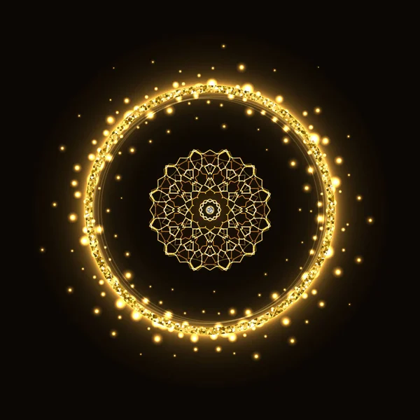 Abstract gold circle glittering shining frame with mandala on black background.