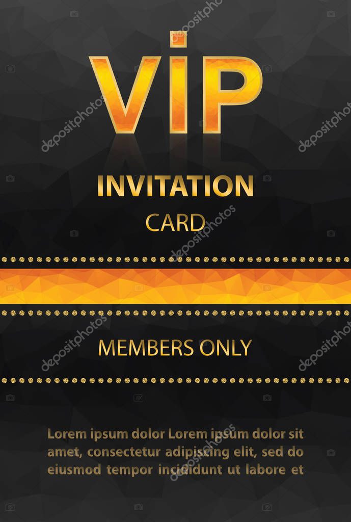 VIP invitation card with orange fiery polygonal emblem on black mosaic background.