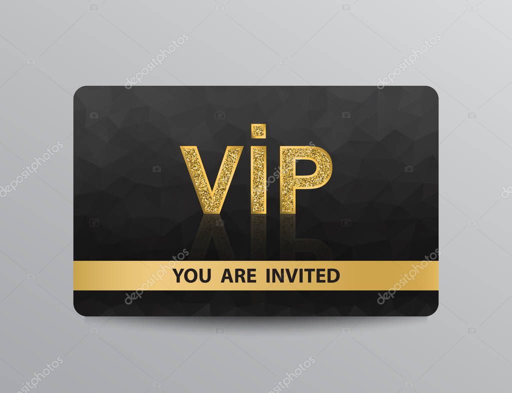 Golden VIP member card template with glittering VIP icon on black polygonal background.