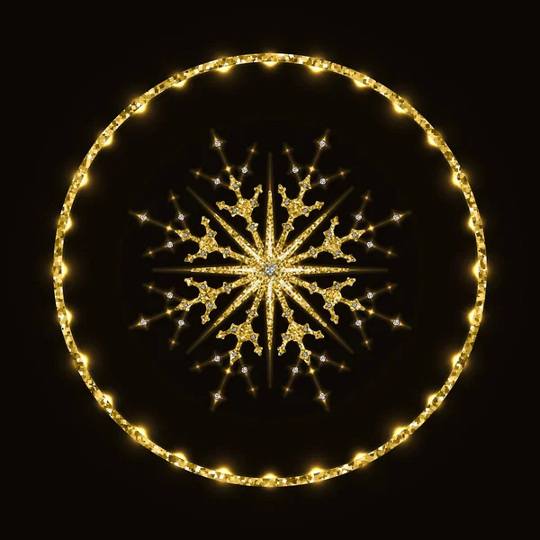 Gyllene glittrande snöflinga i glänsande ring — Stock vektor
