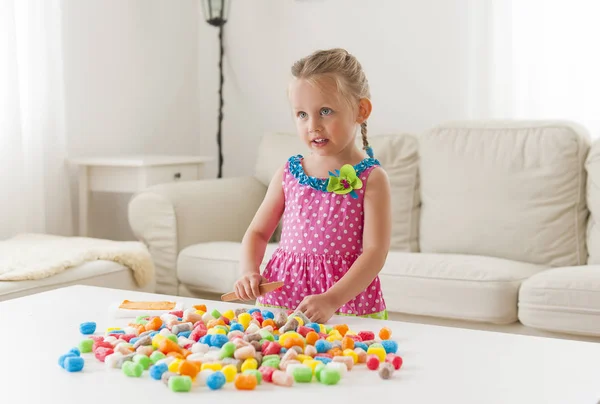 Cute Funny Little Girl Colorful Dress Playing Colorful Toys — Stock Photo, Image