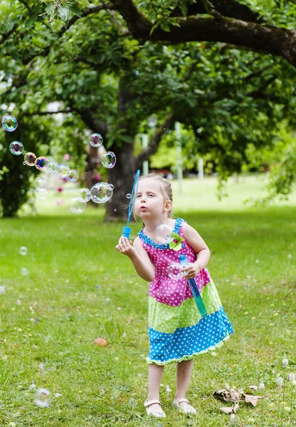 Una Niña Con Vestido Colorido Que Sopla Burbujas Jabón Parque — Foto de Stock