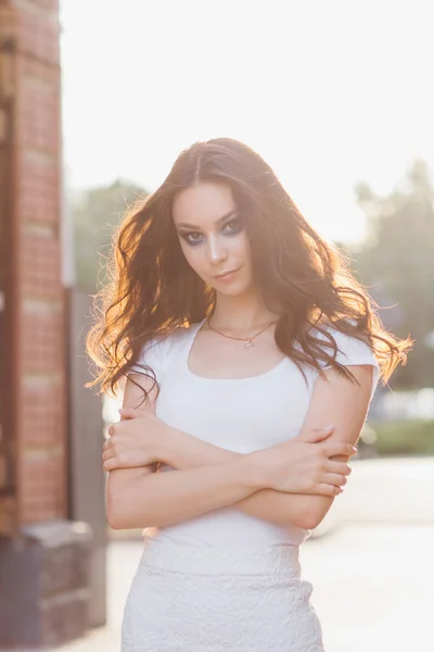 Young Beautiful Brunette Girl Long Hair Elegant White Dress Woman — Stock Photo, Image