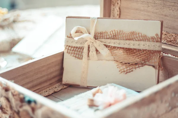 Delicate Composition Letters Box Decorated Rustic Style Selective Focus Vintage — Stock Photo, Image