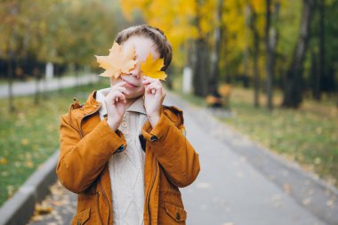 Sevimli çocuk yürür ve renkli bir sonbahar Park teşkil etmektedir. Tonlama.