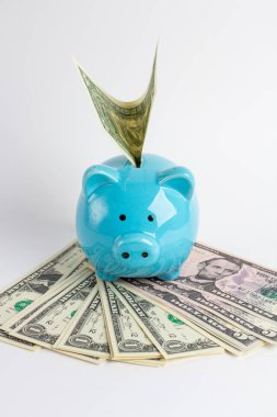 Mavi kumbara dolar üzerinde beyaz bir arka plan ile. Finans kaydetme kavramı.