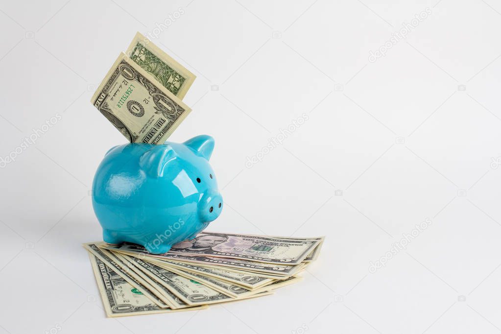 Blue piggy Bank with dollars on a white background. The concept of saving Finance.