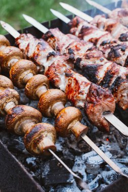 Marinated pieces of meat and mushrooms are grilled on charcoal skewers. Shashlik or kebab. The concept of the barbecue. Selective focus.