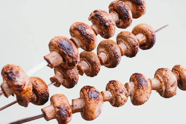 Marinated Pieces Mushrooms Grilled Charcoal Skewers Shashlik Kebab Concept Barbecue — Stock Photo, Image