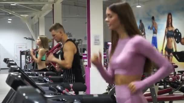 Grupo de pessoas atléticas correndo em Treadmills — Vídeo de Stock