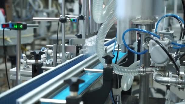 Line of pouring liquid into plastic bottles — Stock Video