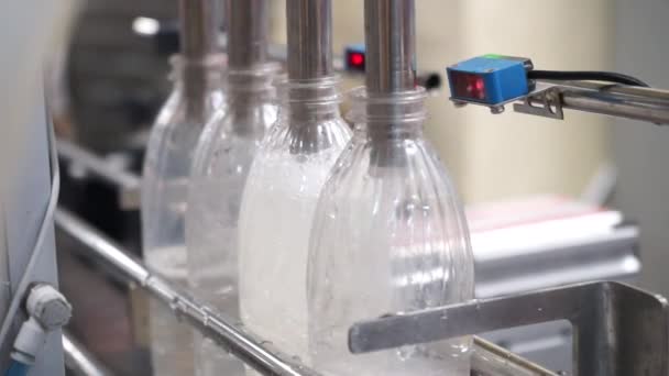 Line of pouring liquid into plastic bottles — Stock Video