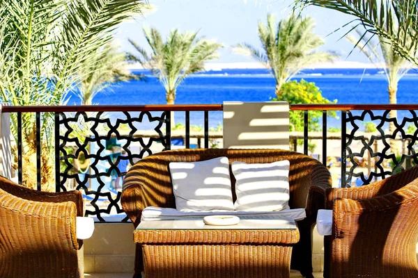 Villa terrace with wicker furniture and sea view — Stock Photo, Image