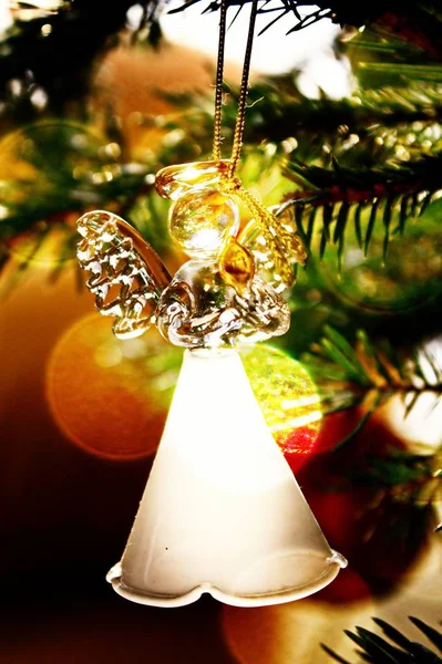 Toy glass angel decoration on the xmas tree — Stock Photo, Image