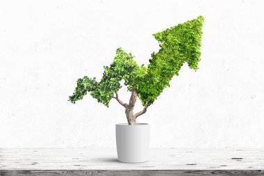 Saksı yeşil bitki ok şekli içinde mavi arka plan üzerinde büyür. Kavram işletme resmi
