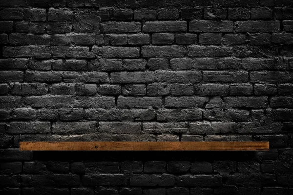 Wooden Shelf Dark Brick Wall Background — Stock Photo, Image