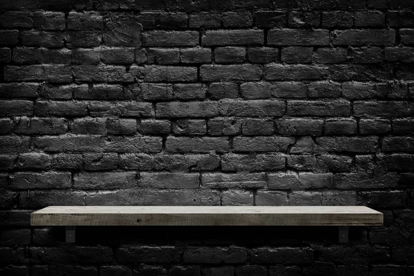 Wooden Shelf Dark Brick Wall Background — Stock Photo, Image