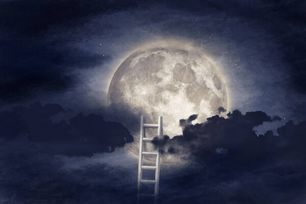 Conceptual image with ladder leading to moon and clouds background. Elements of this image furnished by NASA