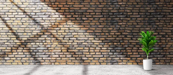 Vintage Zimmer Innenraum Mit Pflanze Topf Über Ziegelwand Und Holzboden — Stockfoto