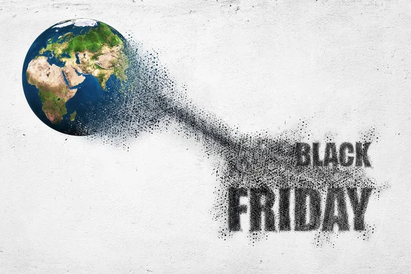 World disintegrate in a small parts and flying into words Black Friday. Commerce concept. Elements of this image furnished by NASA