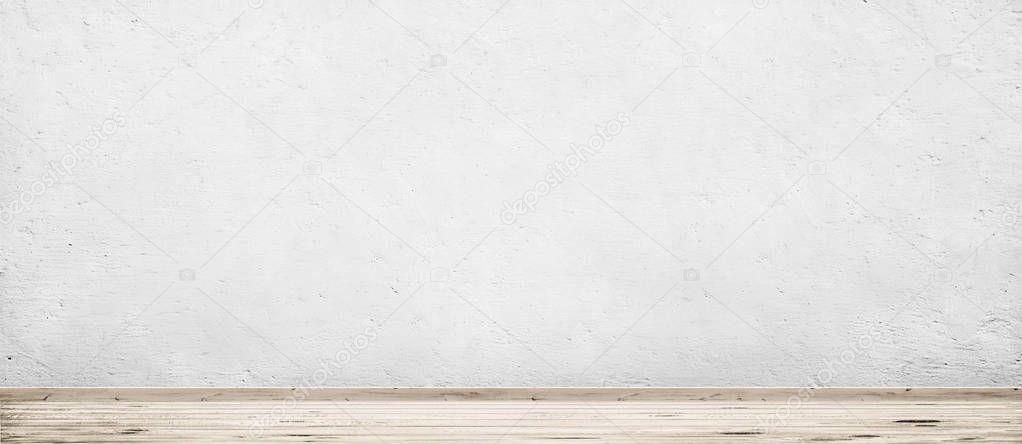 room interior vintage with white concrete wall and wood floor background