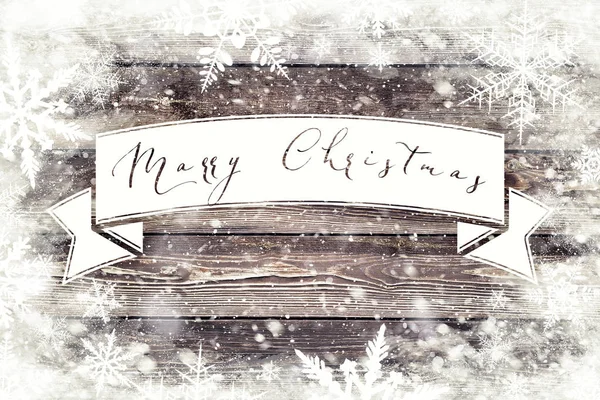 Merry Christmas Banner Grunge Houten Planken Met Sneeuwvlokken Vallen Kerstmis — Stockfoto