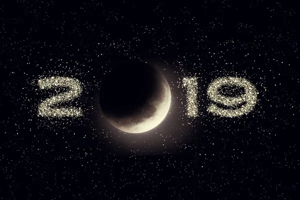 Cielo Notturno Con Luna Stelle 2019 Nuovo Design Anno Elementi — Foto Stock