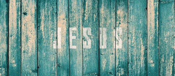 Texturu Dřeva Grunge Modré Aplikací Word Ježíš Pozadí — Stock fotografie