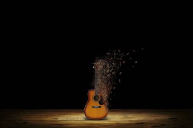 Guitar with flying notes on scene in empty vintage room with black background clipart