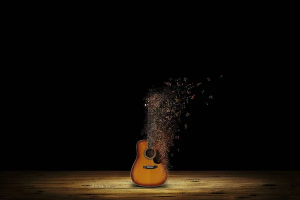 Гітара Літаючими Нотами Сцені Порожній Старовинній Кімнаті Чорним Тлом — стокове фото
