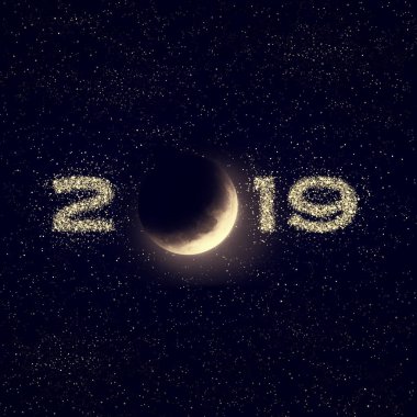 Gece gökyüzünde ay ve yıldız ile. 2019 yeni yıl tasarım. Nasa tarafından döşenmiş bu görüntü unsurları