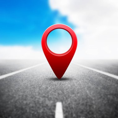 Asfalt karayolu arka plan üzerinde kırmızı Gps pin