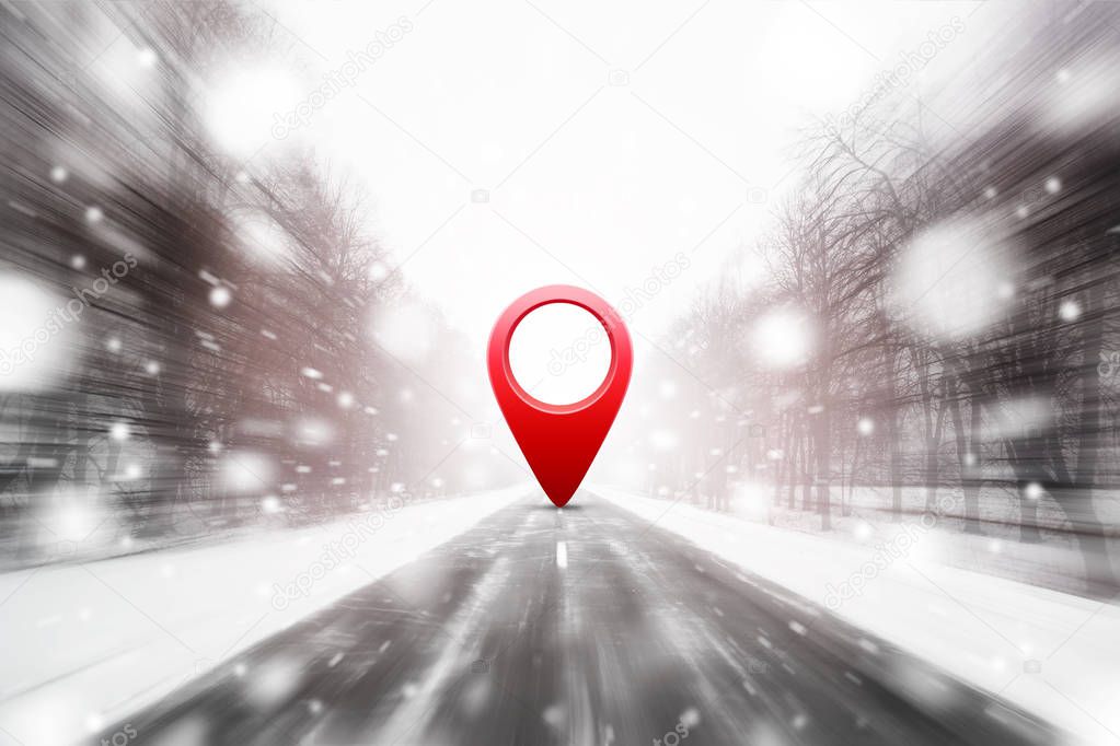 Road in winter snow covered forest with 3d red location pin