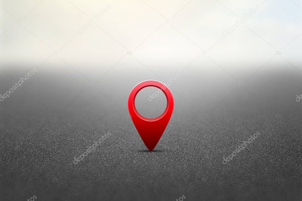 Red GPS pin on asphalt highway background