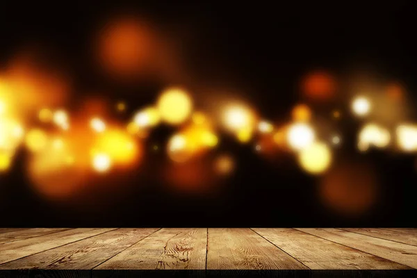 Golden Bokeh Wooden Table Background — Stock Photo, Image