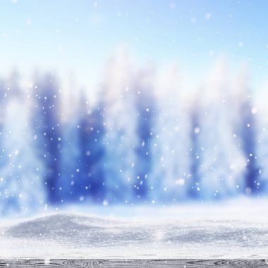 Orman ahşap masa arkasında kış kar kaplı