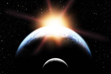 Dünya gezegen ve ay gökada yıldız üzerinde uzayda. Nasa tarafından döşenmiş bu görüntü unsurları