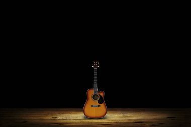 Siyah arka plan ile boş vintage odası sahnede gitar