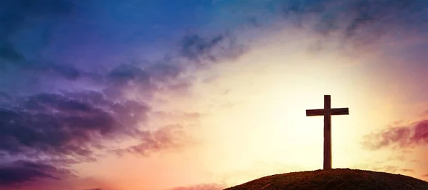 Silhouette Cross Calvary Mountain Sunset Background Easter Concept Stock Picture