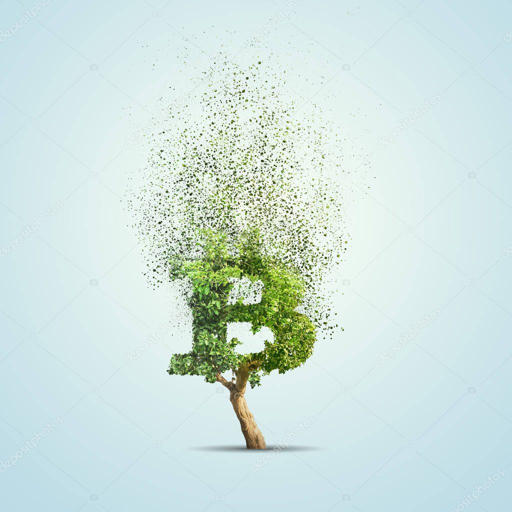 Green tree shaped in bitcoin sign isolated on blue background