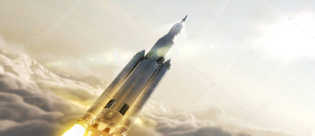 Rocket is flying over sunset cloud sky background