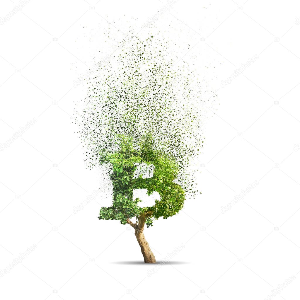 Green tree shaped in bitcoin sign isolated on white background