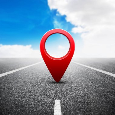 Asfalt karayolu arka plan üzerinde kırmızı Gps pin